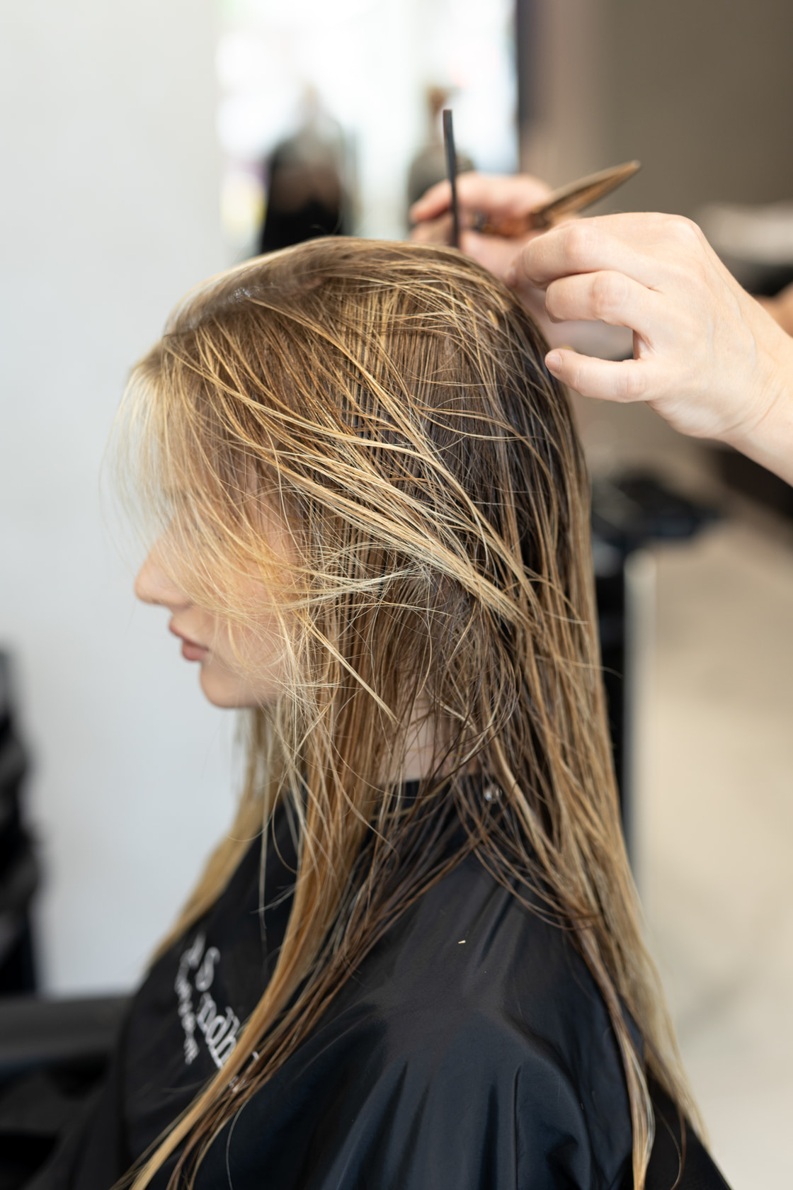 Cheveux longs humides démêlés avant la mise en forme